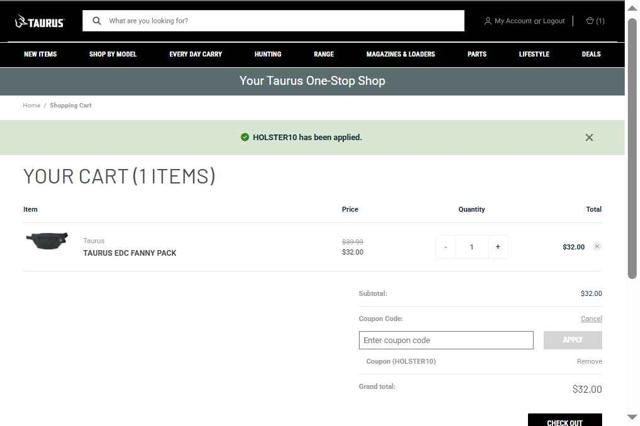Shop Taurus checkout page showing Shop Taurus coupon code box | Screenshot taken by SimplyCodes community member on Aug 22, 2025