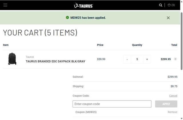 Shop Taurus checkout page showing Shop Taurus coupon code box | Screenshot taken by SimplyCodes community member on Jun 5, 2025