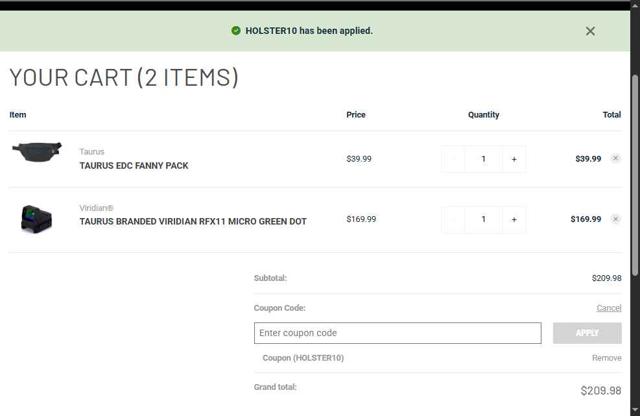 Shop Taurus checkout page showing Shop Taurus coupon code box | Screenshot taken by SimplyCodes community member on May 31, 2025