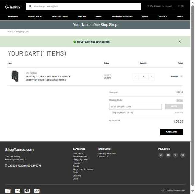 Shop Taurus checkout page showing Shop Taurus coupon code box | Screenshot taken by SimplyCodes community member on Sep 7, 2025