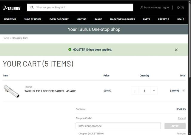 Shop Taurus checkout page showing Shop Taurus coupon code box | Screenshot taken by SimplyCodes community member on Jun 11, 2025