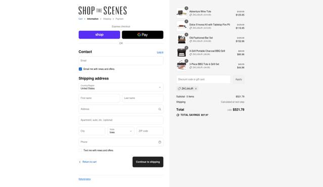 Shop The Scenes checkout page showing Shop The Scenes discount code box | Screenshot taken by SimplyCodes community member on Sep 4, 2025
