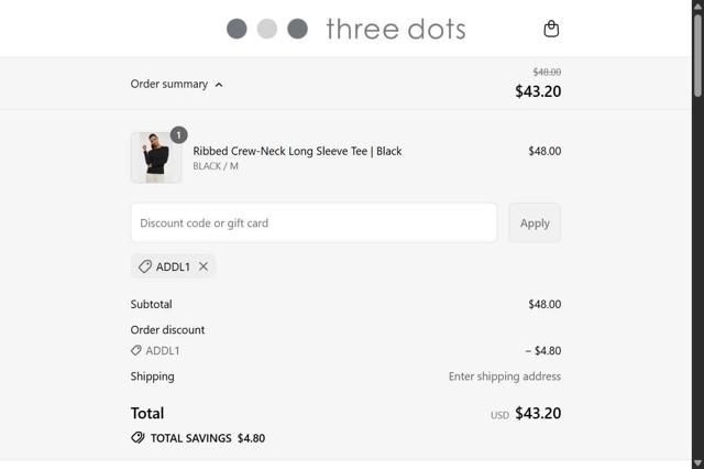 Three Dots checkout page showing Three Dots promo code box | Screenshot taken by SimplyCodes community member on Sep 14, 2025