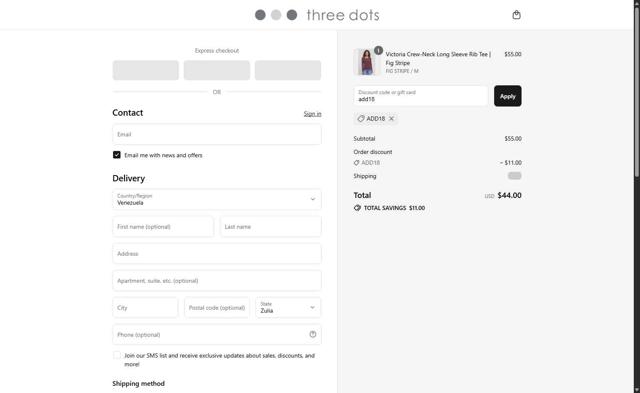 Three Dots checkout page showing Three Dots promo code box | Screenshot taken by SimplyCodes community member on Sep 12, 2025