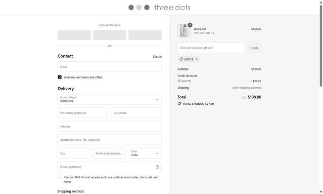 Three Dots checkout page showing Three Dots promo code box | Screenshot taken by SimplyCodes community member on Sep 12, 2025
