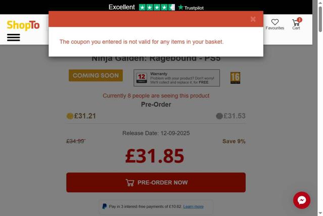 ShopTo checkout page showing ShopTo discount code box | Screenshot taken by SimplyCodes community member on Aug 10, 2025