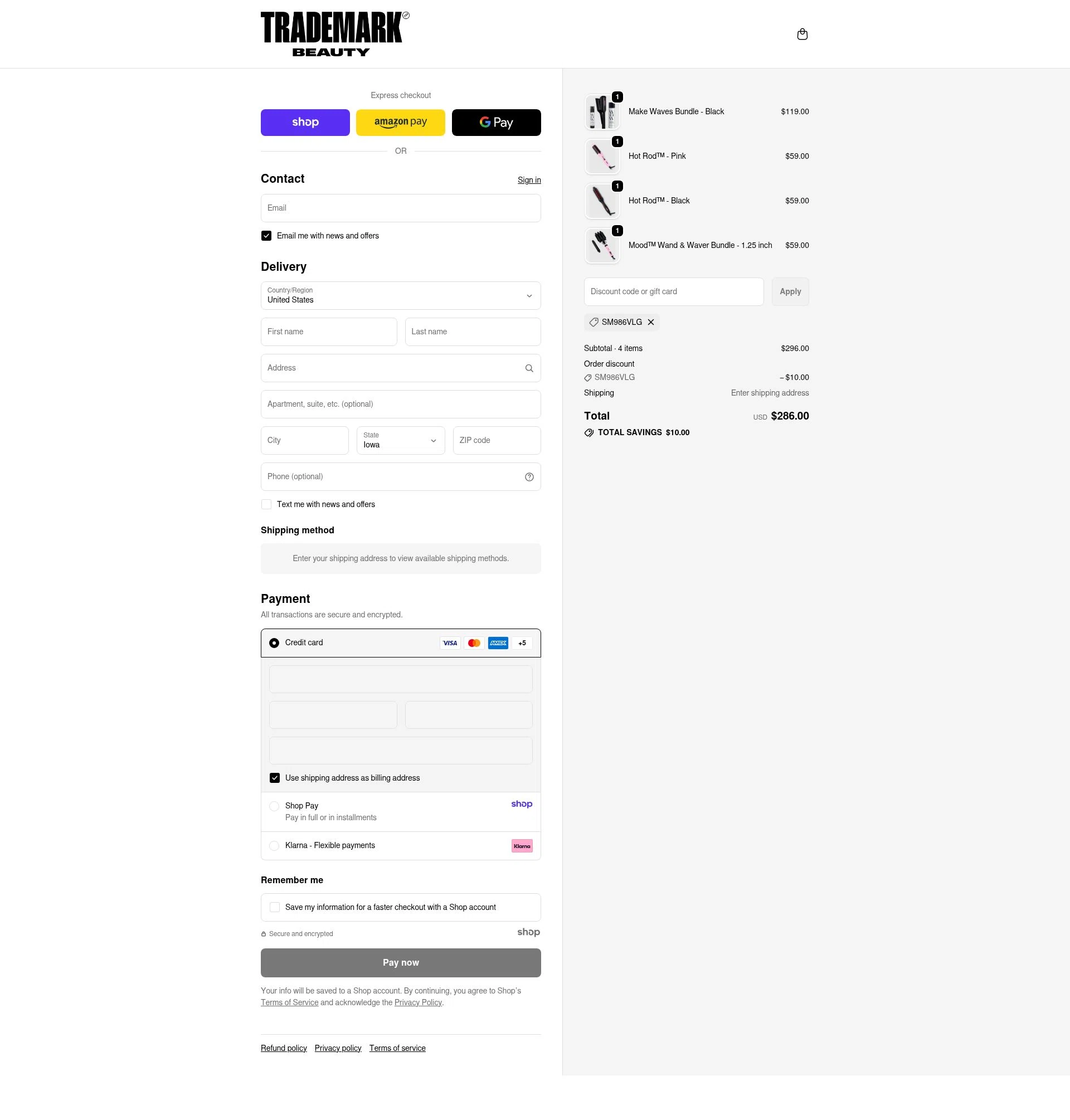 Trademark Beauty checkout page showing Trademark Beauty coupon code box | Screenshot taken by SimplyCodes community member on Oct 23, 2025