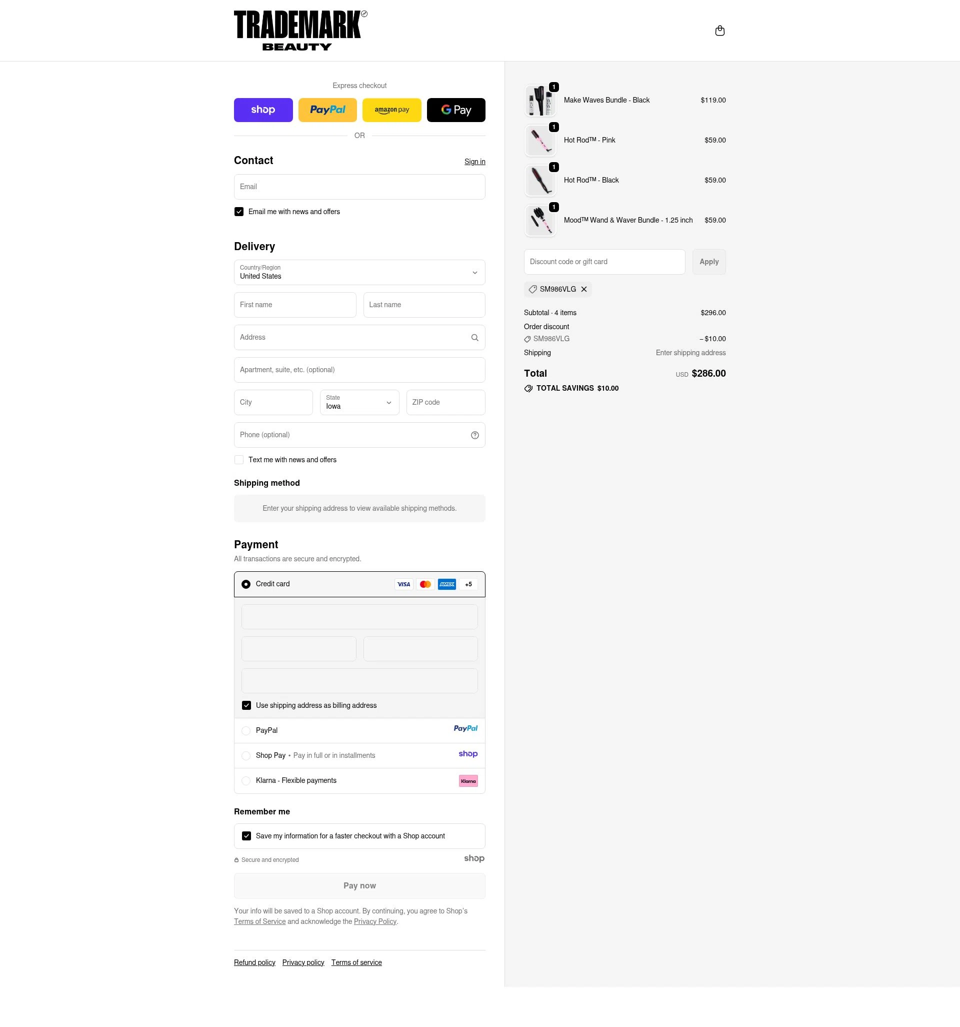 Trademark Beauty checkout page showing Trademark Beauty coupon code box | Screenshot taken by SimplyCodes community member on Oct 27, 2025