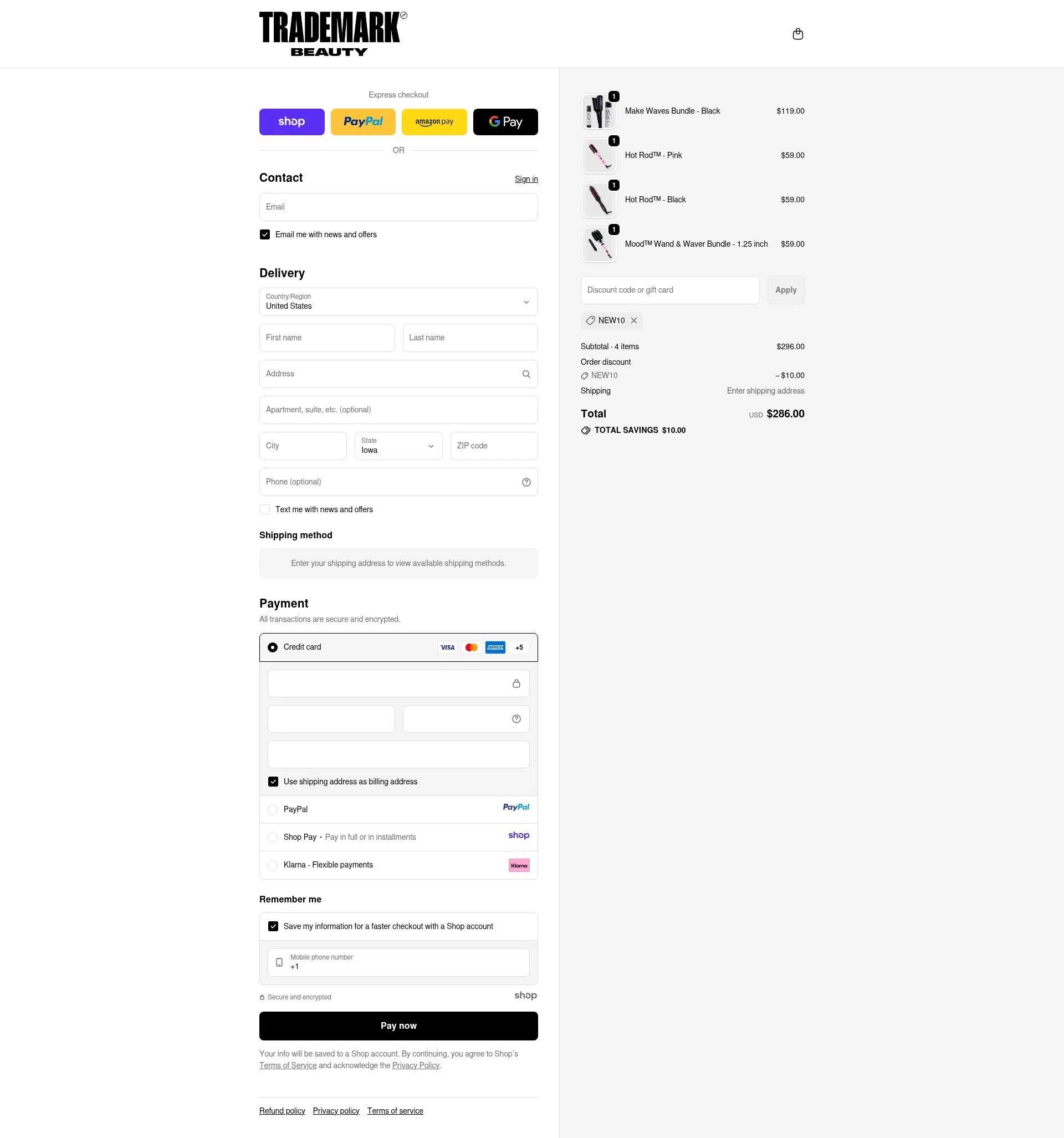 Trademark Beauty checkout page showing Trademark Beauty coupon code box | Screenshot taken by SimplyCodes community member on Oct 27, 2025