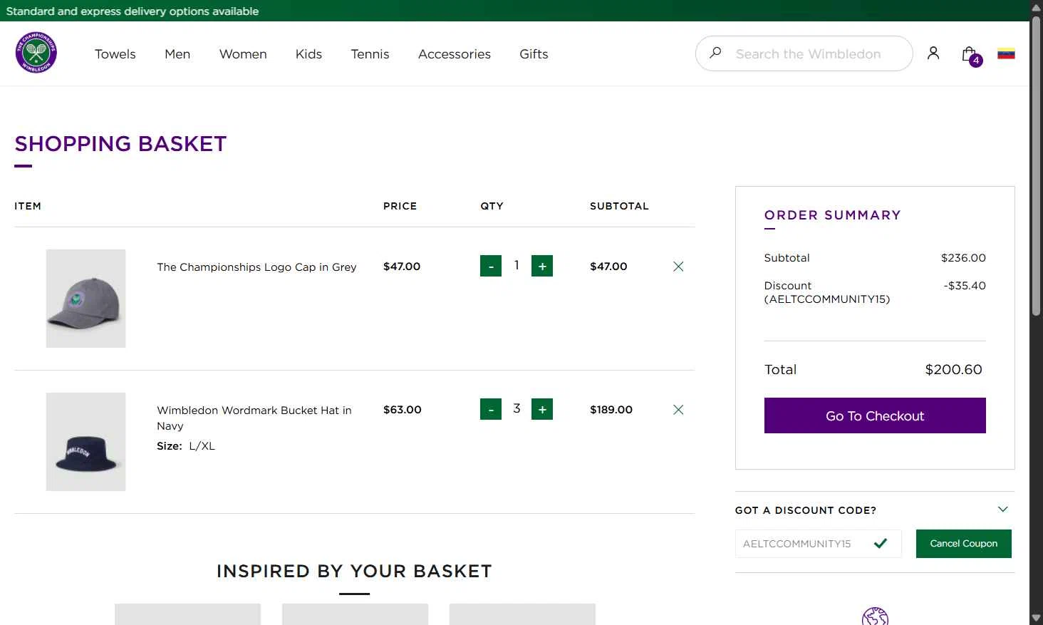 The Official Wimbledon Shop checkout page showing The Official Wimbledon Shop promo code box | Screenshot taken by SimplyCodes community member on Sep 18, 2025