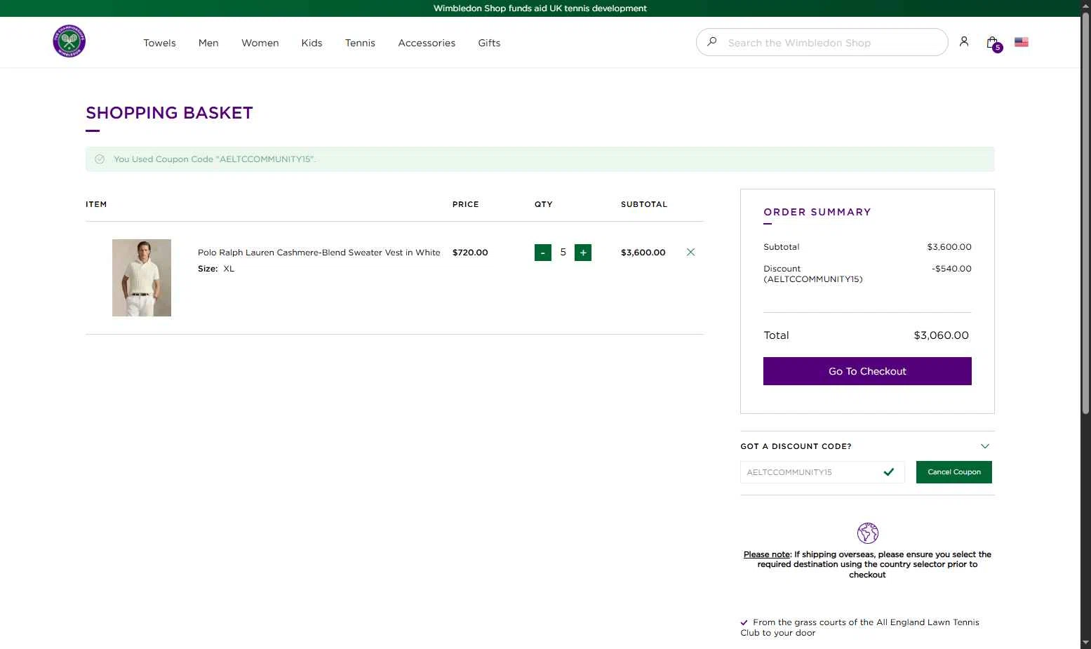 The Official Wimbledon Shop checkout page showing The Official Wimbledon Shop promo code box | Screenshot taken by SimplyCodes community member on Nov 15, 2025