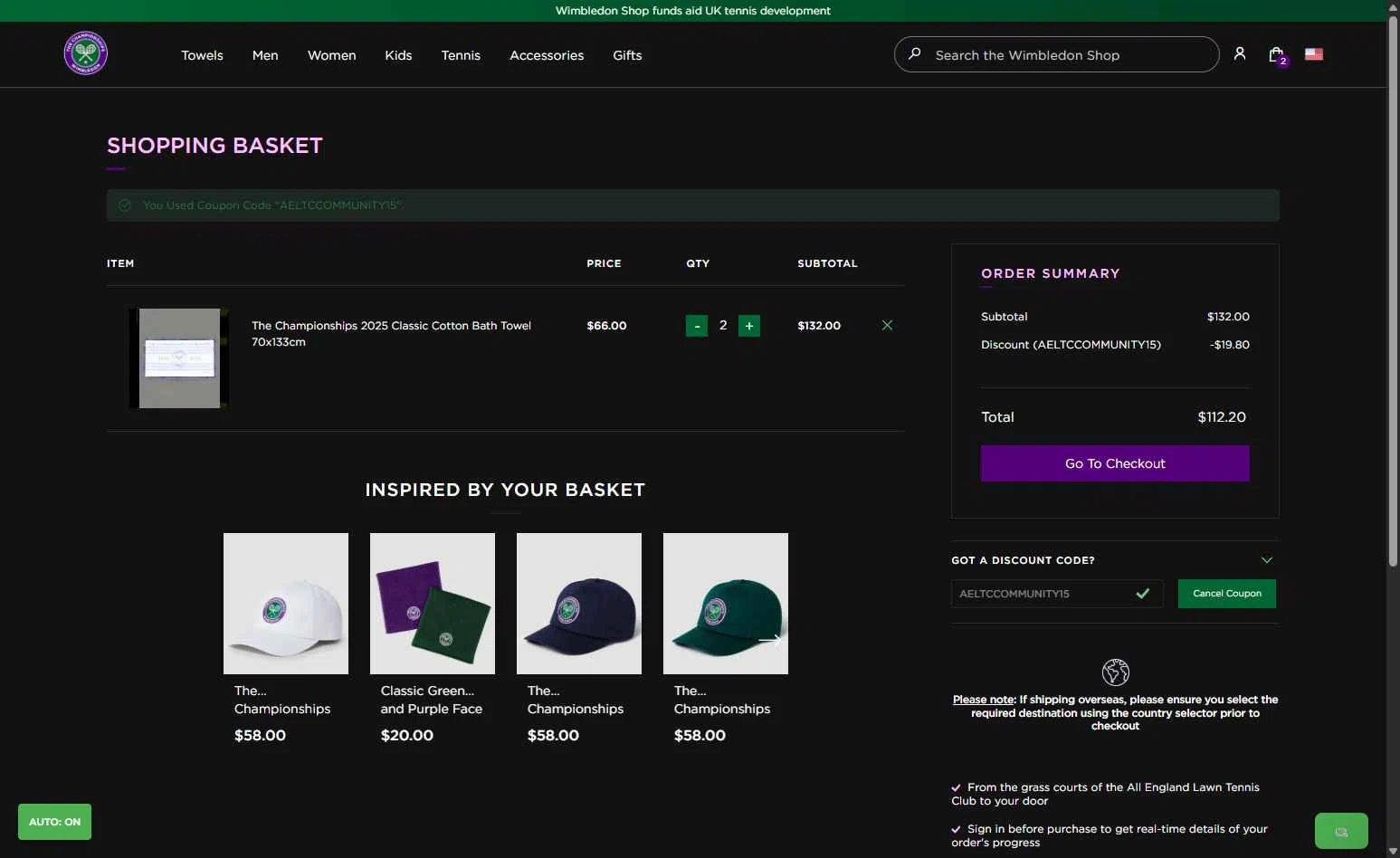 The Official Wimbledon Shop checkout page showing The Official Wimbledon Shop promo code box | Screenshot taken by SimplyCodes community member on Aug 23, 2025