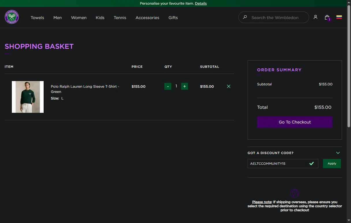 The Official Wimbledon Shop checkout page showing The Official Wimbledon Shop promo code box | Screenshot taken by SimplyCodes community member on Nov 23, 2025