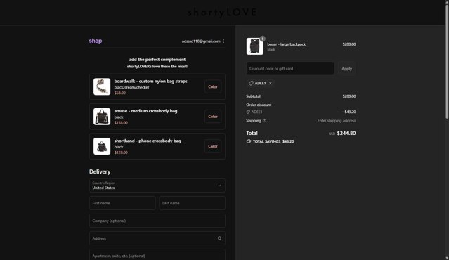shortyLOVE checkout page showing shortyLOVE discount code box | Screenshot taken by SimplyCodes community member on Sep 4, 2025