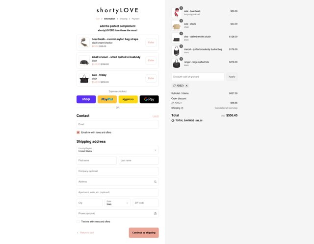 shortyLOVE checkout page showing shortyLOVE discount code box | Screenshot taken by SimplyCodes community member on Sep 2, 2025