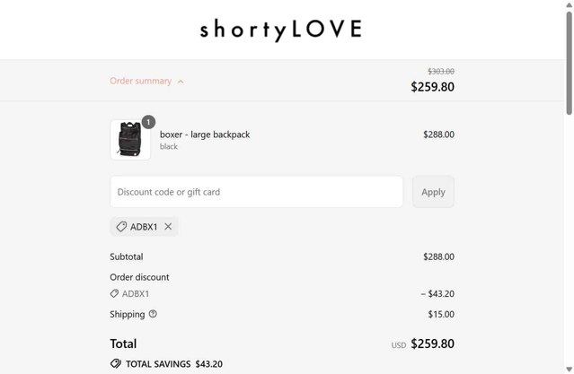 shortyLOVE checkout page showing shortyLOVE discount code box | Screenshot taken by SimplyCodes community member on Sep 4, 2025