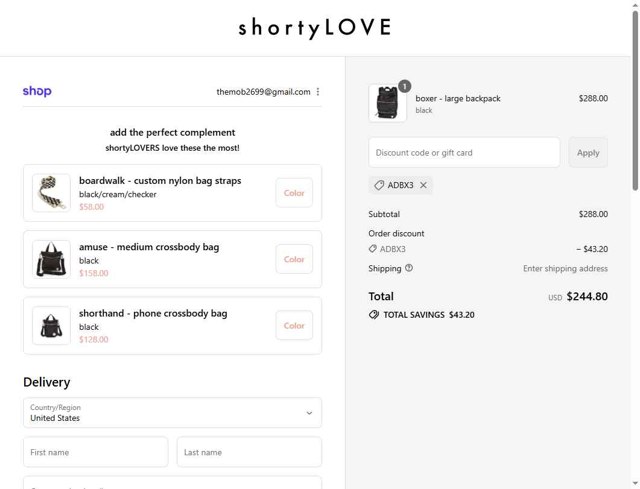 shortyLOVE checkout page showing shortyLOVE discount code box | Screenshot taken by SimplyCodes community member on Sep 4, 2025