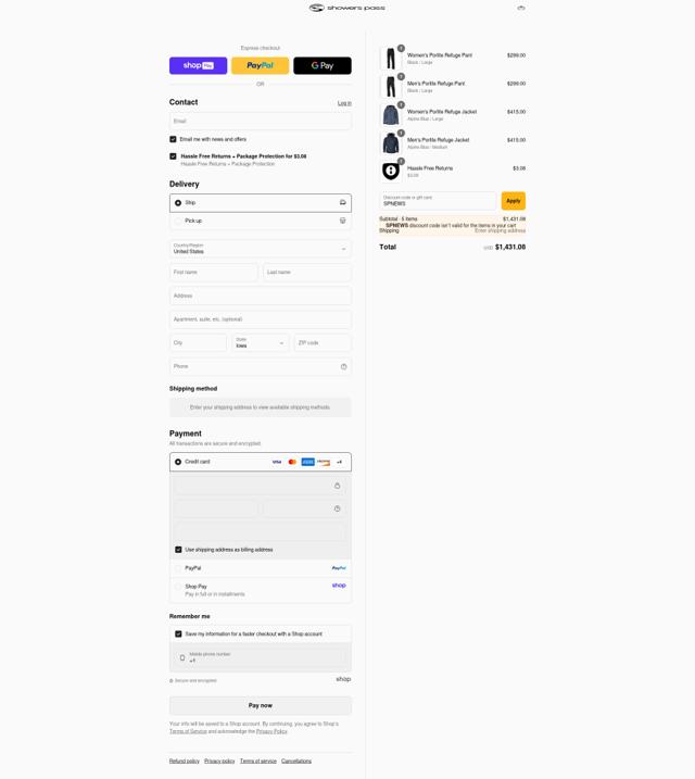 Showers Pass checkout page showing Showers Pass discount code box | Screenshot taken by SimplyCodes community member on Aug 24, 2025