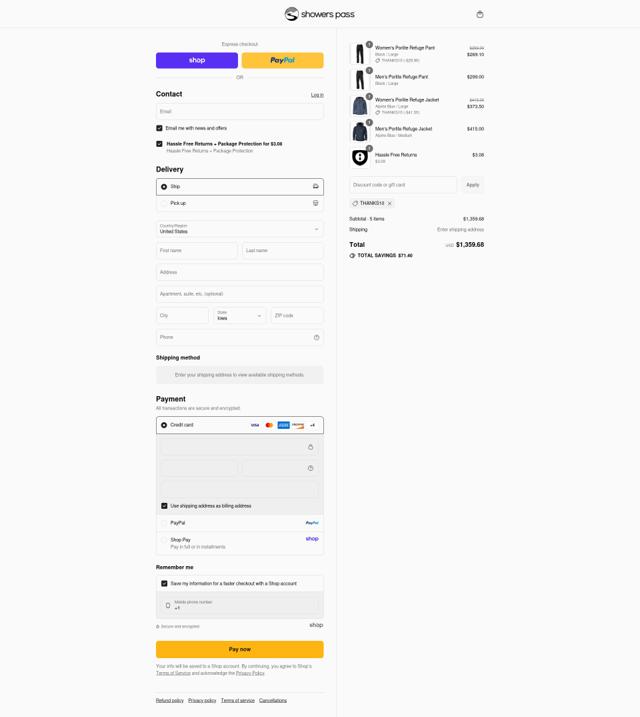 Showers Pass checkout page showing Showers Pass discount code box | Screenshot taken by SimplyCodes community member on Sep 1, 2025