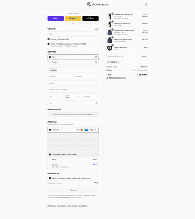 Showers Pass checkout page showing Showers Pass discount code box | Screenshot taken by SimplyCodes community member on Sep 6, 2025
