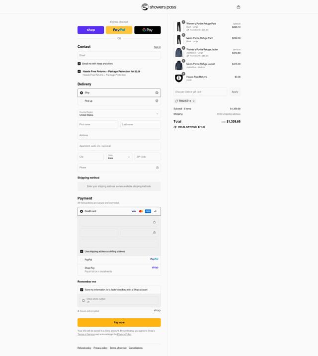 Showers Pass checkout page showing Showers Pass discount code box | Screenshot taken by SimplyCodes community member on Sep 14, 2025