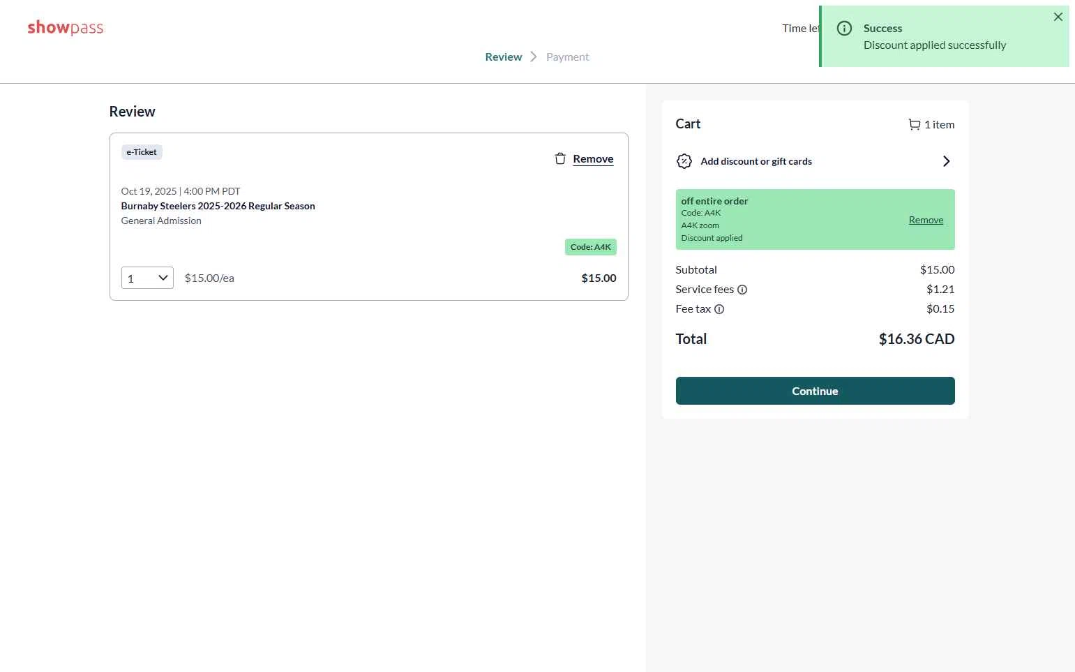 Show Pass checkout page showing Show Pass promo code box | Screenshot taken by SimplyCodes community member on Oct 15, 2025