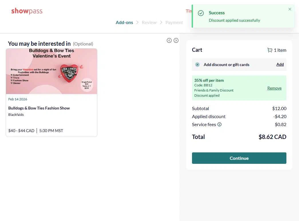 Show Pass checkout page showing Show Pass promo code box | Screenshot taken by SimplyCodes community member on Feb 12, 2026