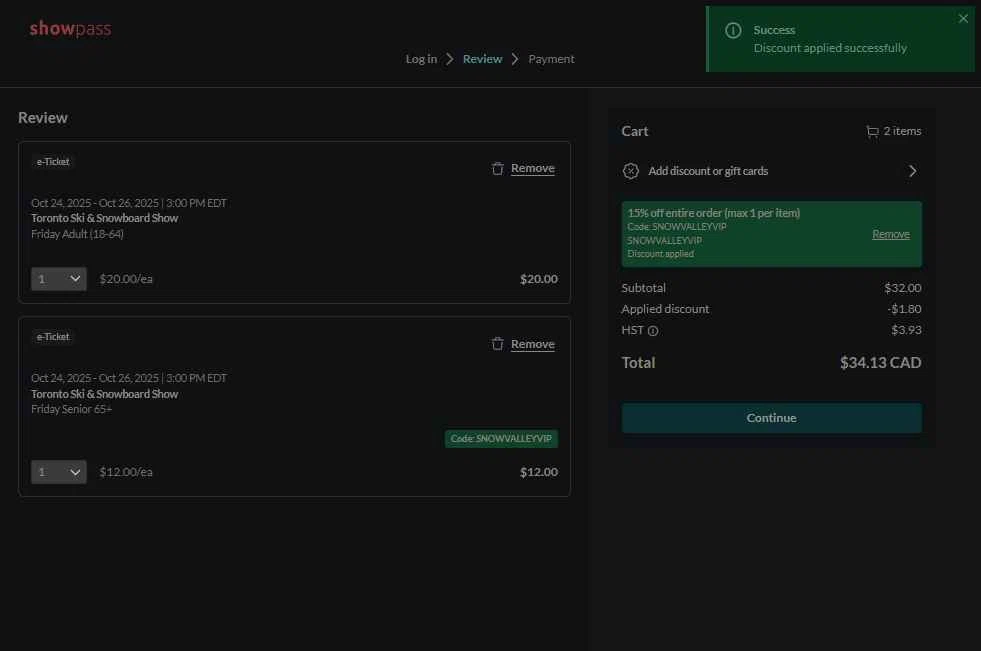 Show Pass checkout page showing Show Pass promo code box | Screenshot taken by SimplyCodes community member on Oct 19, 2025