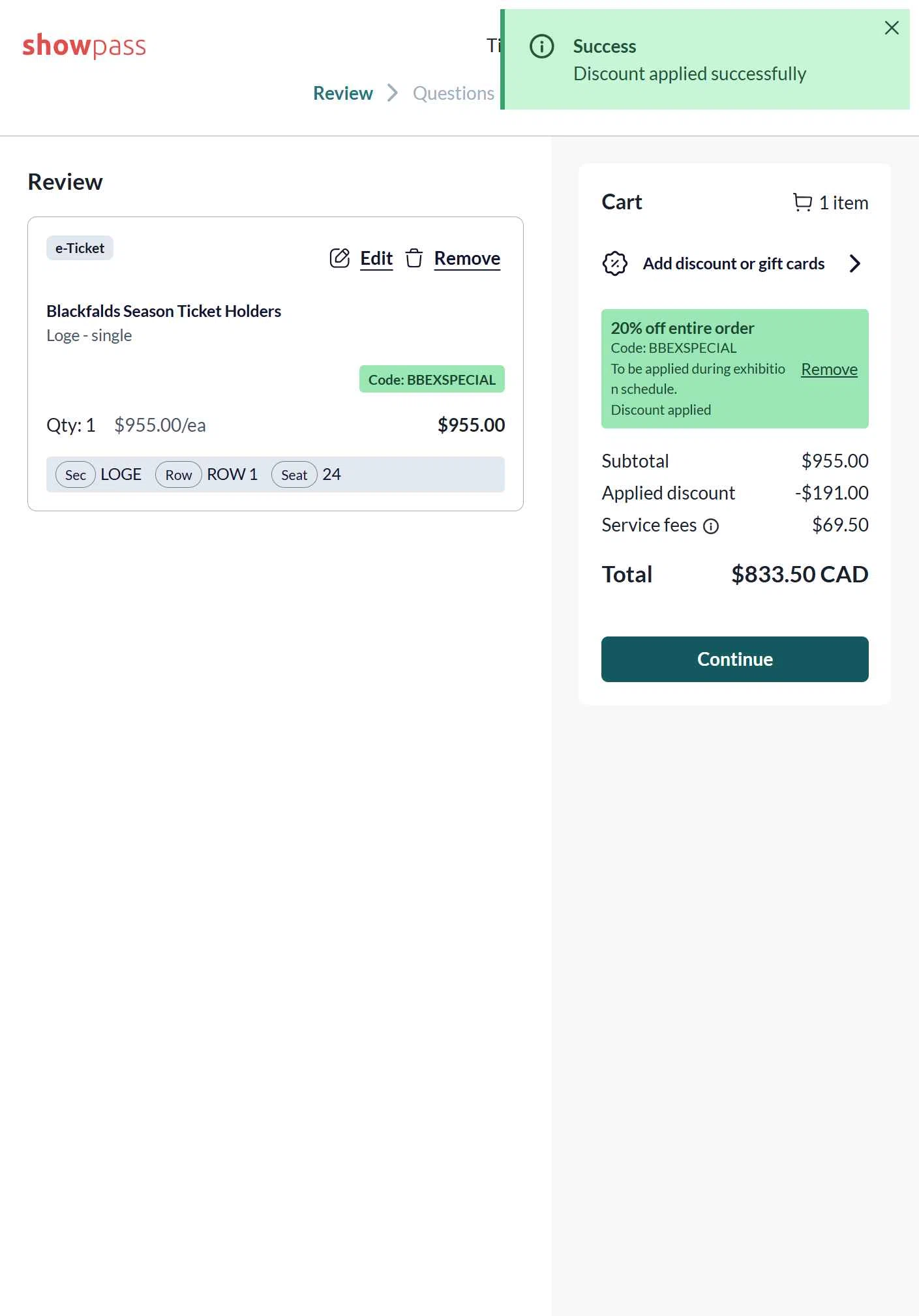 Show Pass checkout page showing Show Pass promo code box | Screenshot taken by SimplyCodes community member on Sep 11, 2025