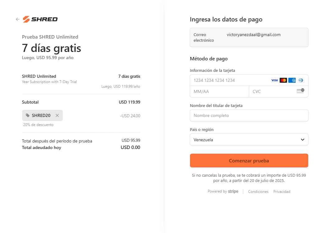 Shred checkout page showing Shred promo code box | Screenshot taken by SimplyCodes community member on Jul 13, 2025