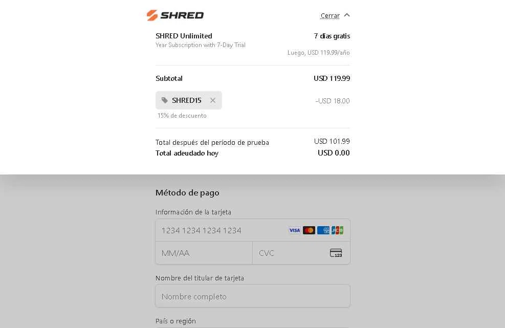 Shred checkout page showing Shred promo code box | Screenshot taken by SimplyCodes community member on Oct 23, 2025
