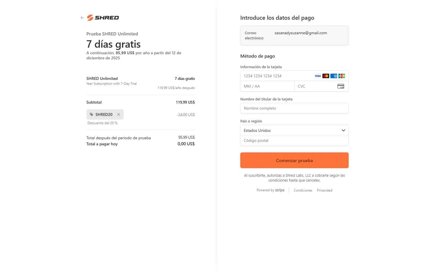 Shred checkout page showing Shred promo code box | Screenshot taken by SimplyCodes community member on Dec 5, 2025