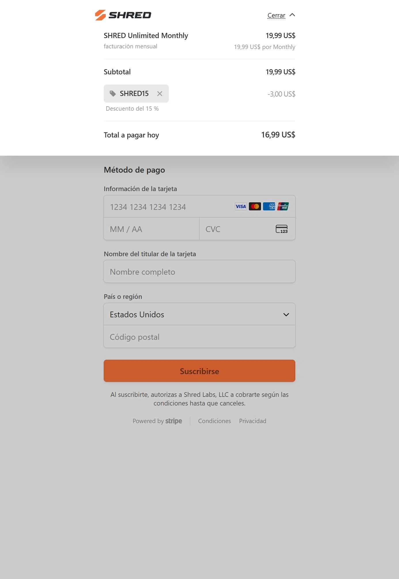 Shred checkout page showing Shred promo code box | Screenshot taken by SimplyCodes community member on Aug 26, 2025