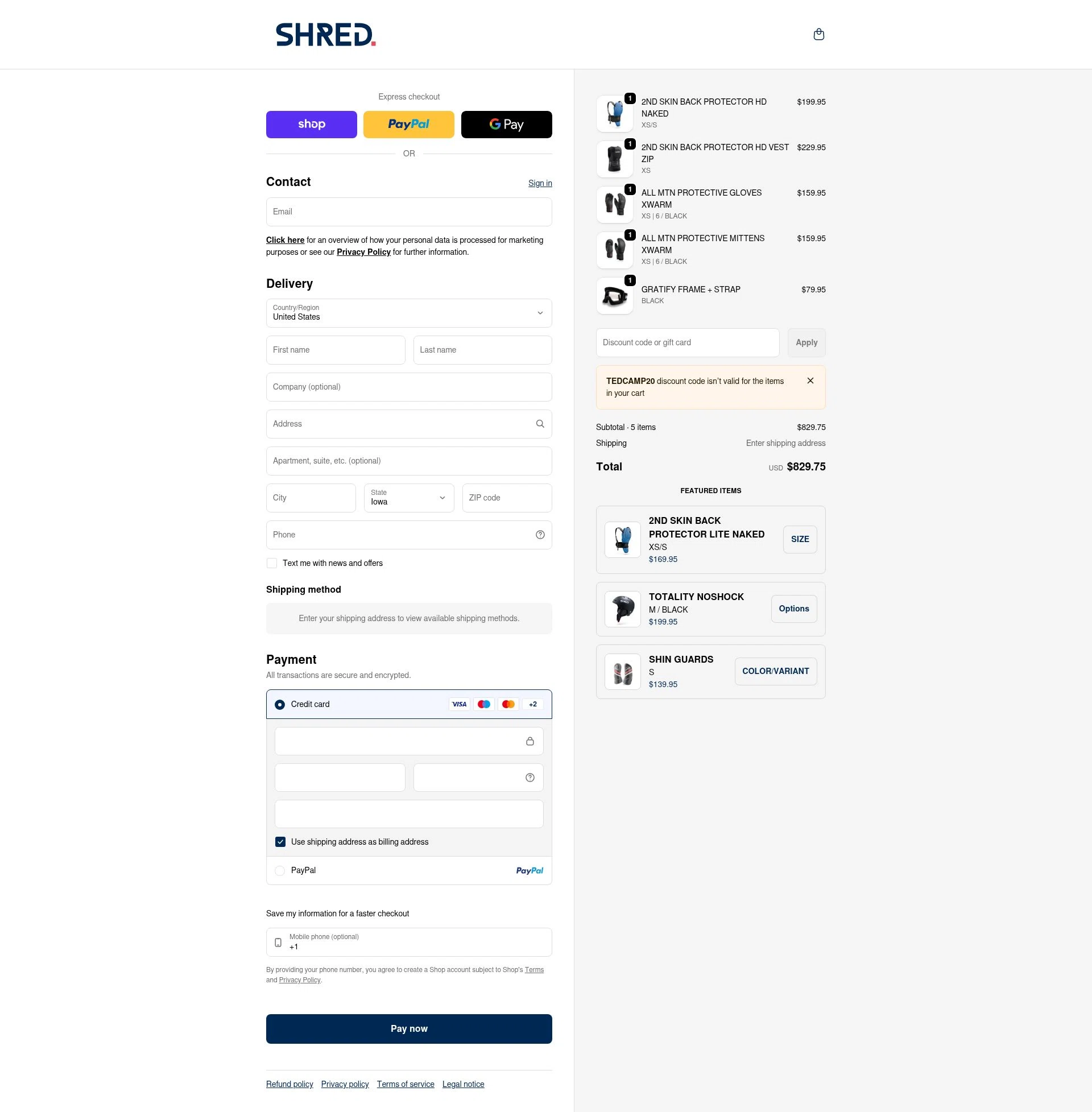 Shred Optics checkout page showing Shred Optics discount code box | Screenshot taken by SimplyCodes community member on Feb 11, 2026