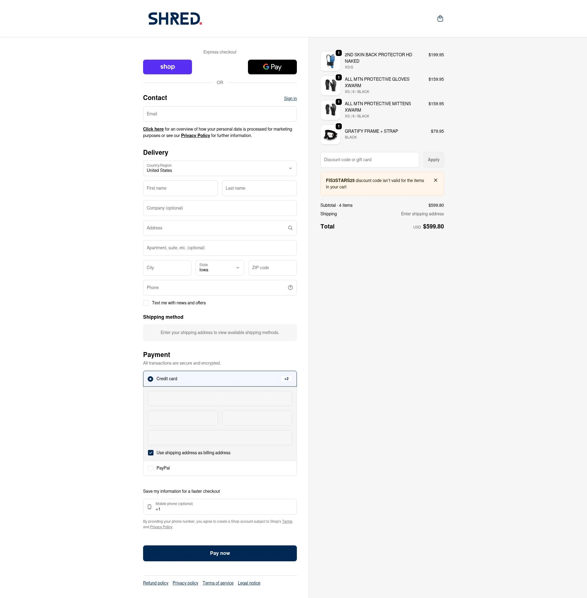 Shred Optics checkout page showing Shred Optics discount code box | Screenshot taken by SimplyCodes community member on Feb 20, 2026