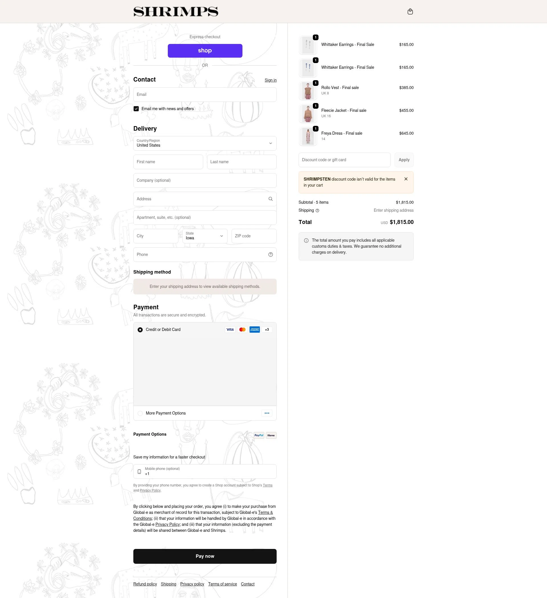 Shrimps checkout page showing Shrimps promo code box | Screenshot taken by SimplyCodes community member on Feb 8, 2026