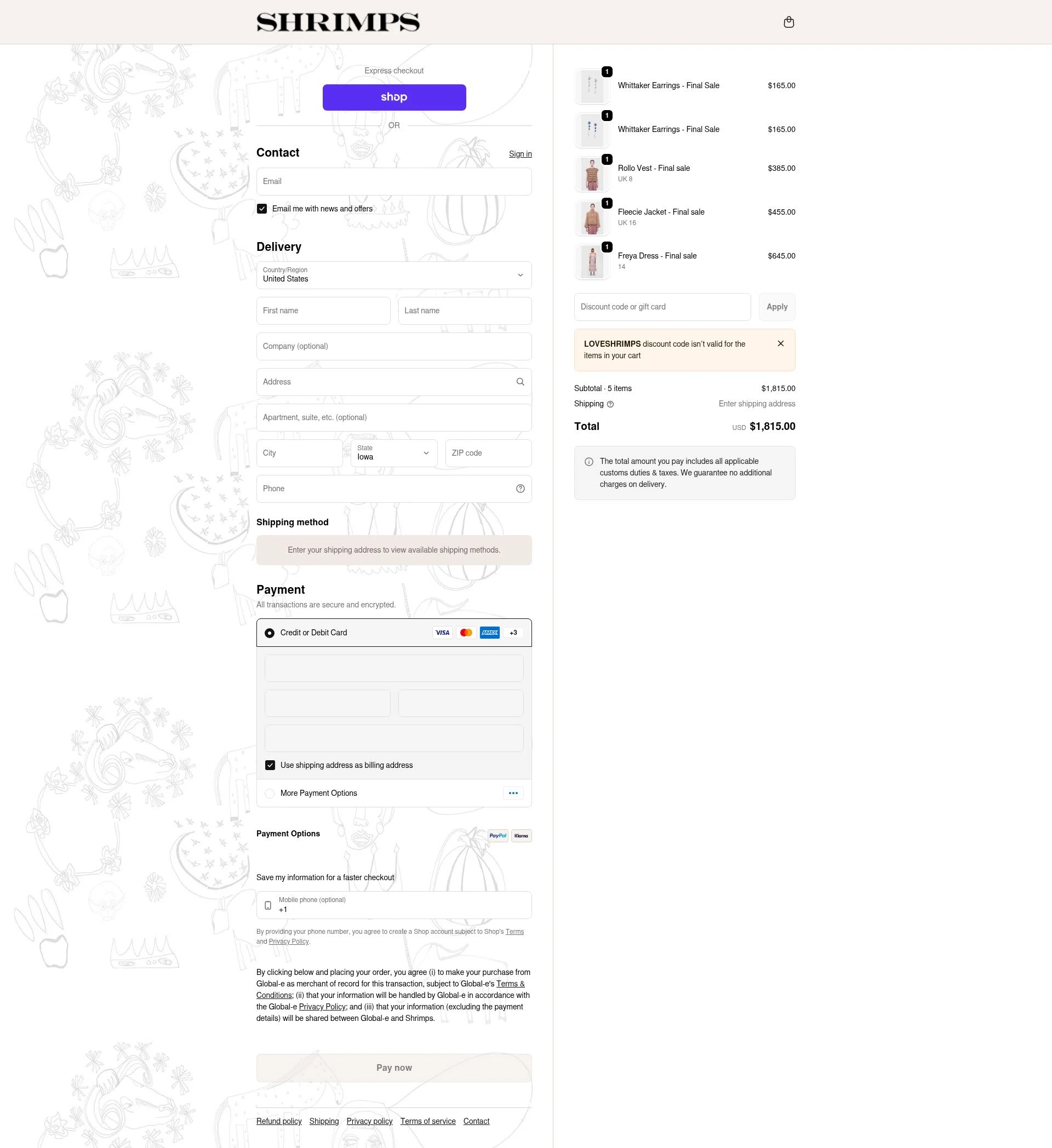 Shrimps checkout page showing Shrimps promo code box | Screenshot taken by SimplyCodes community member on Feb 8, 2026