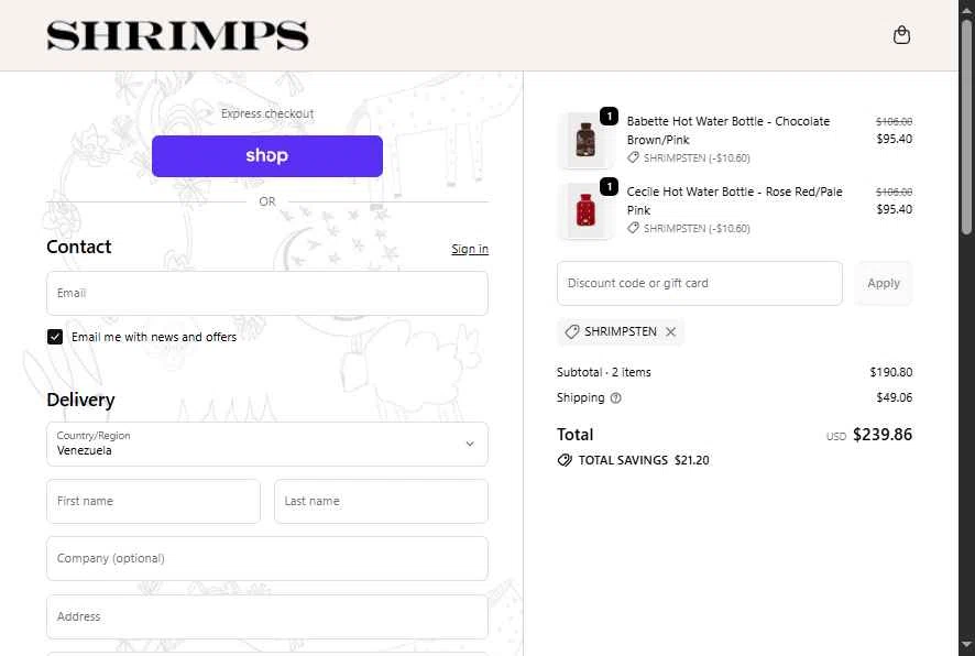 Shrimps checkout page showing Shrimps promo code box | Screenshot taken by SimplyCodes community member on Feb 10, 2026