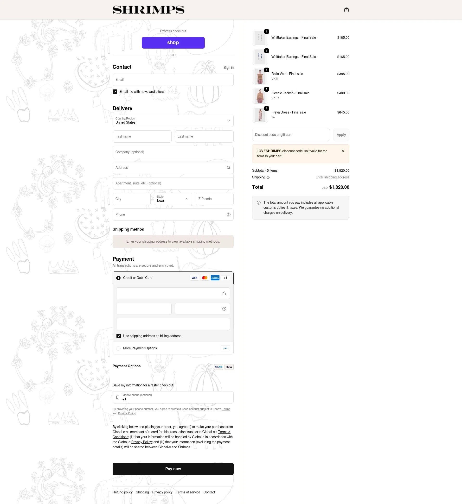 Shrimps checkout page showing Shrimps promo code box | Screenshot taken by SimplyCodes community member on Feb 13, 2026
