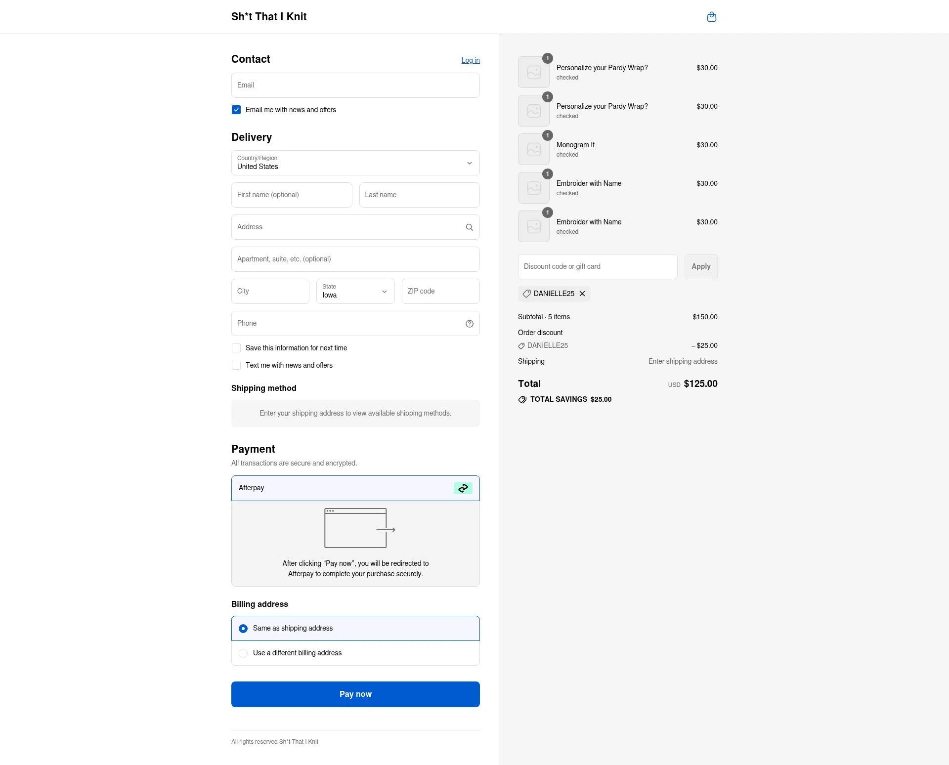 Sh*t That I Knit checkout page showing Sh*t That I Knit promo code box | Screenshot taken by SimplyCodes community member on Sep 7, 2025