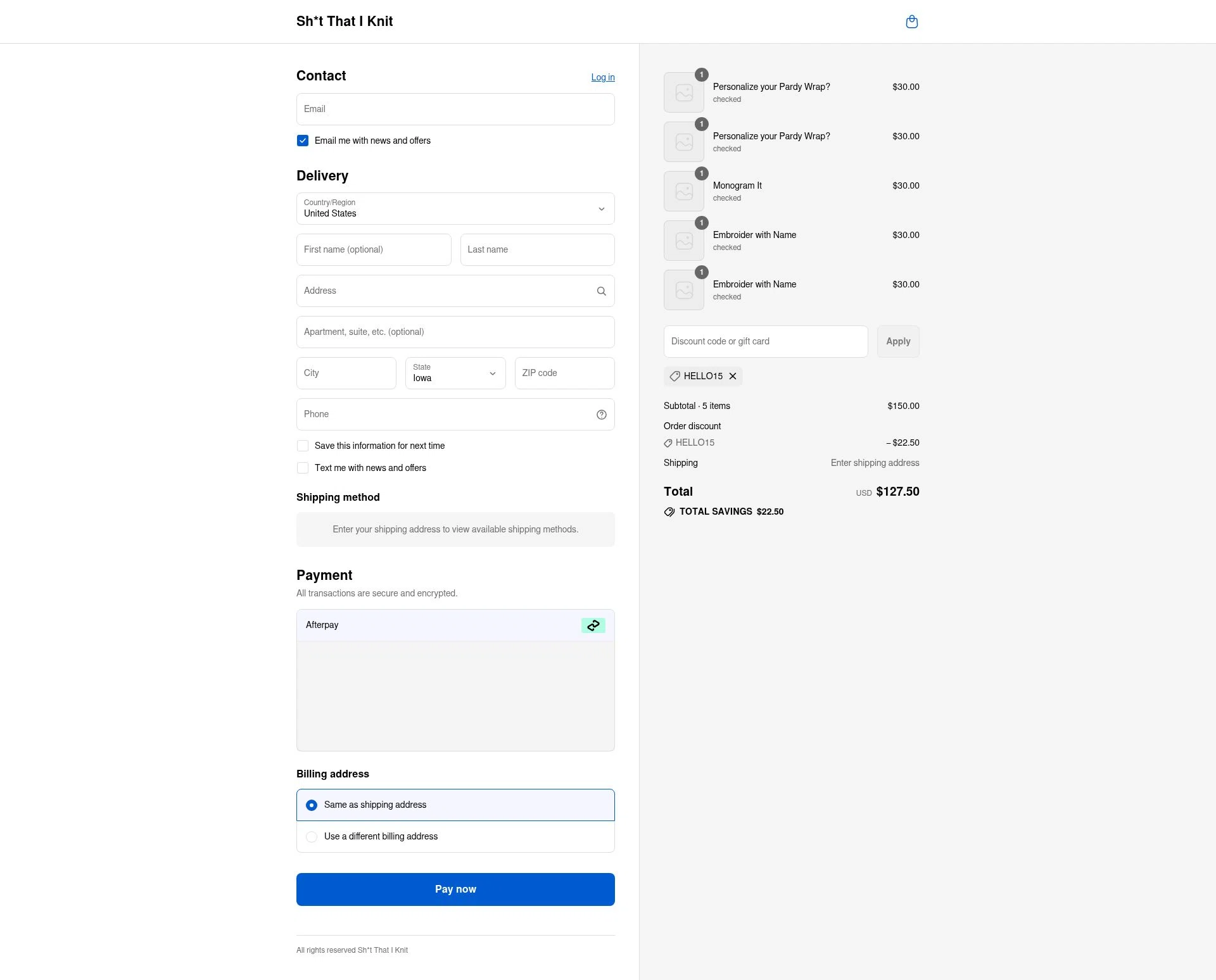 Sh*t That I Knit checkout page showing Sh*t That I Knit promo code box | Screenshot taken by SimplyCodes community member on Sep 7, 2025