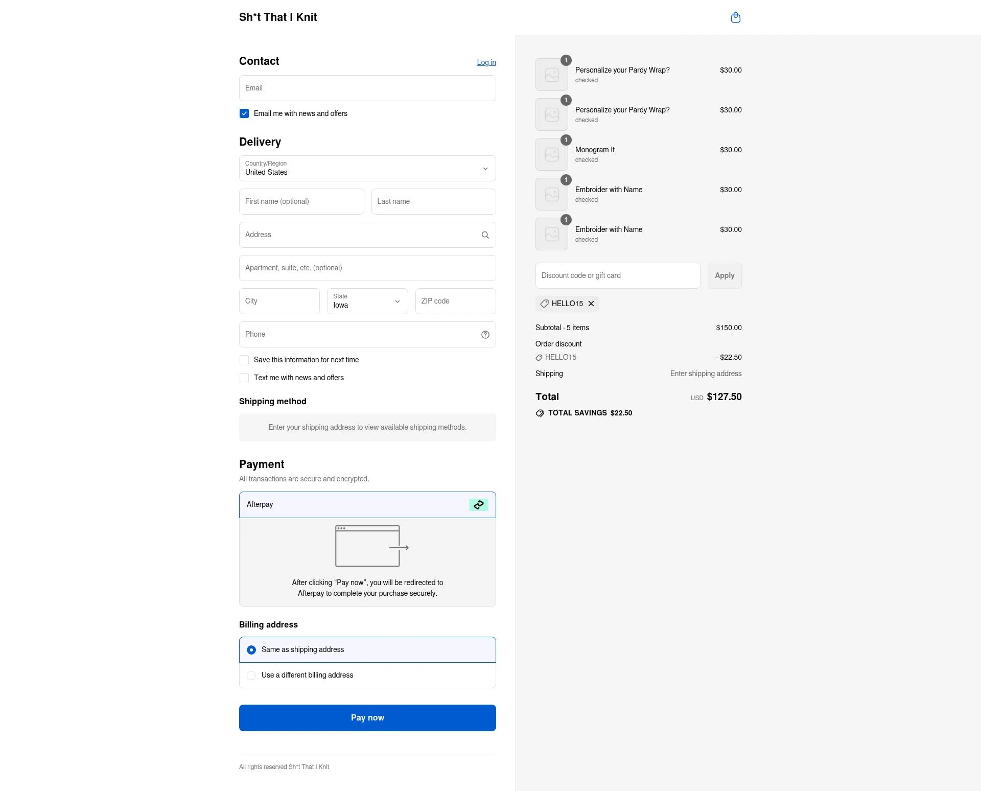 Sh*t That I Knit checkout page showing Sh*t That I Knit promo code box | Screenshot taken by SimplyCodes community member on Sep 3, 2025