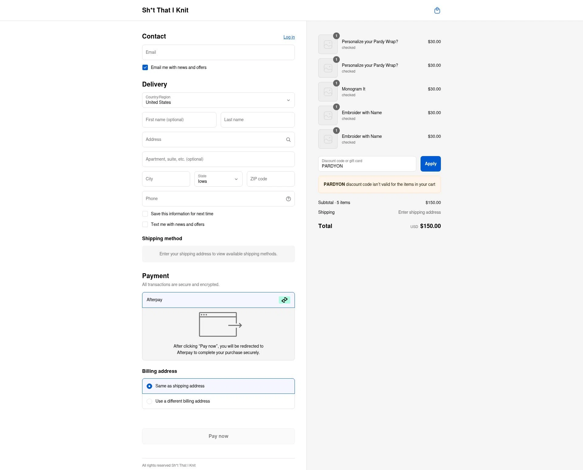 Sh*t That I Knit checkout page showing Sh*t That I Knit promo code box | Screenshot taken by SimplyCodes community member on Sep 7, 2025