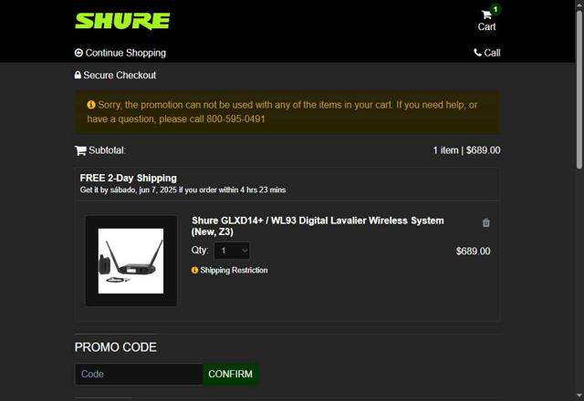 Shure checkout page showing Shure promo code box | Screenshot taken by SimplyCodes community member on Jun 5, 2025