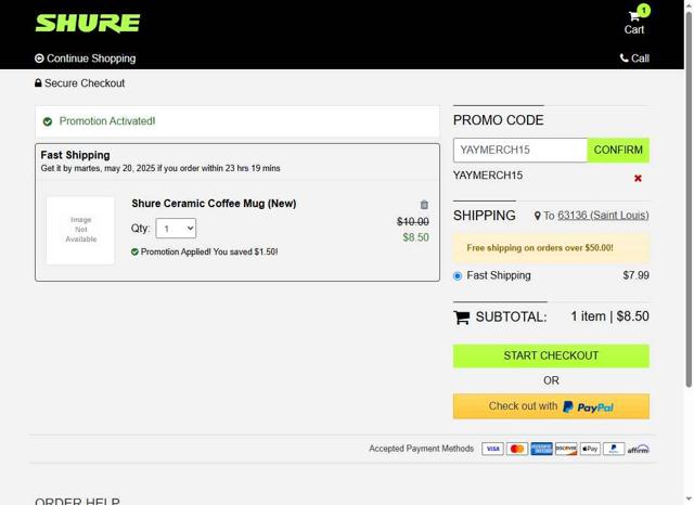 Shure checkout page showing Shure promo code box | Screenshot taken by SimplyCodes community member on May 18, 2025