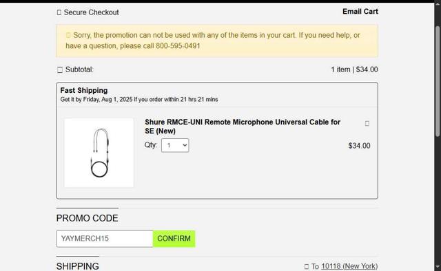 Shure checkout page showing Shure promo code box | Screenshot taken by SimplyCodes community member on Jul 31, 2025