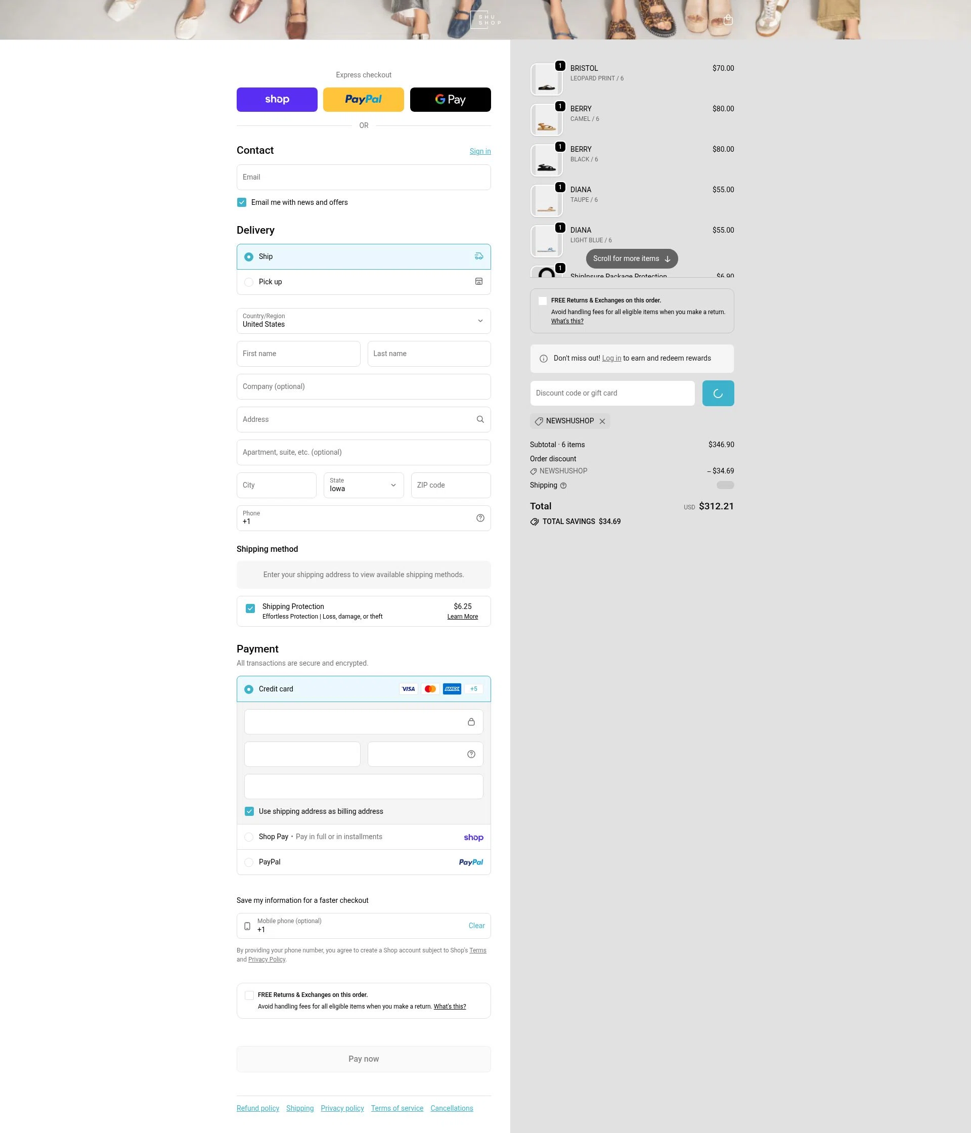 SHUSHOP checkout page showing SHUSHOP discount code box | Screenshot taken by SimplyCodes community member on Feb 6, 2026