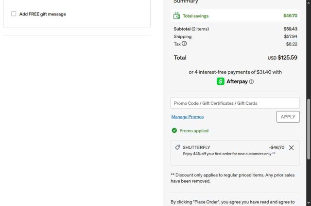 Shutterfly checkout page showing Shutterfly coupon code box | Screenshot taken by SimplyCodes community member on Aug 23, 2025