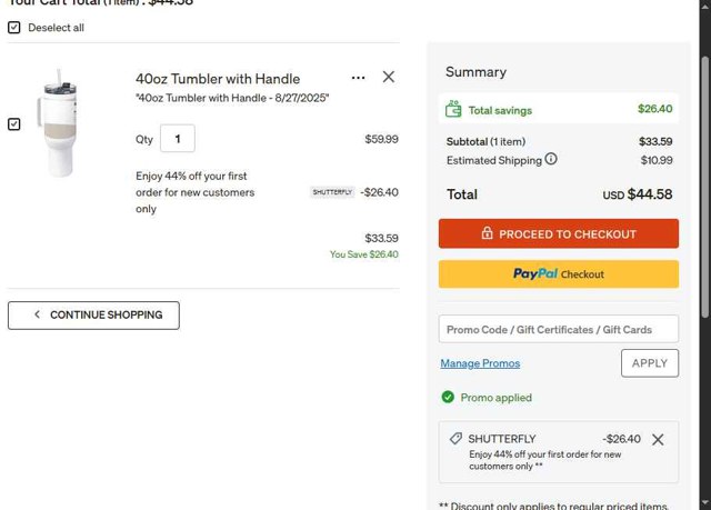 Shutterfly checkout page showing Shutterfly coupon code box | Screenshot taken by SimplyCodes community member on Aug 27, 2025