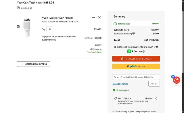 Shutterfly checkout page showing Shutterfly coupon code box | Screenshot taken by SimplyCodes community member on Aug 19, 2025